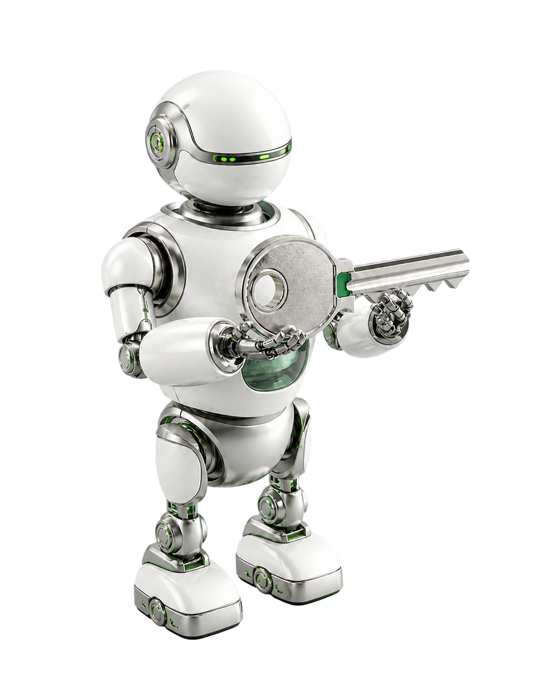 Robô técnico minimalista segurando uma chave metálica com detalhe verde